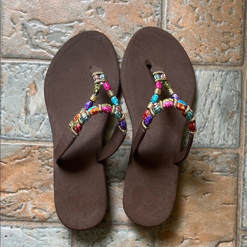 Beaded Brown Women’s Flip Flop Sandals - Colorful Accent